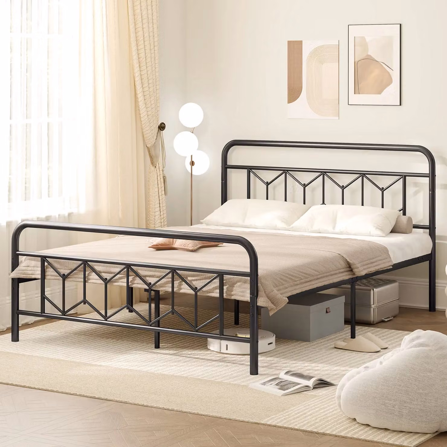 Gymax King Size Metal Platform Bed Frame with High Headboard, Black, 180 x 200 cm – 3