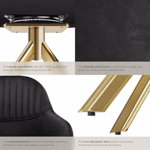 tectake Velvet Swivel Dining Chair with Armrests in Black and Gold – 6