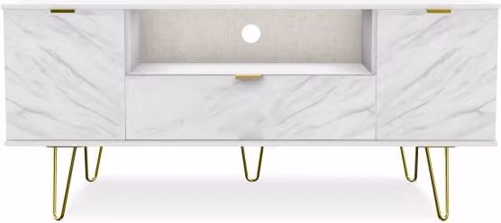 Welcome Hong Kong Modern Abstract White 2 Door 1 Drawer Wide TV Cabinet with Gold Hairpin Legs