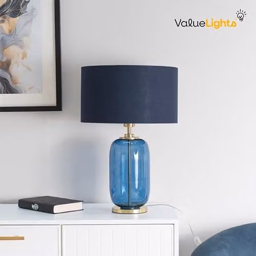 ValueLights Navy Blue Glass and Gold Table Lamp with Beige Fabric Shade and LED Bulb – 3