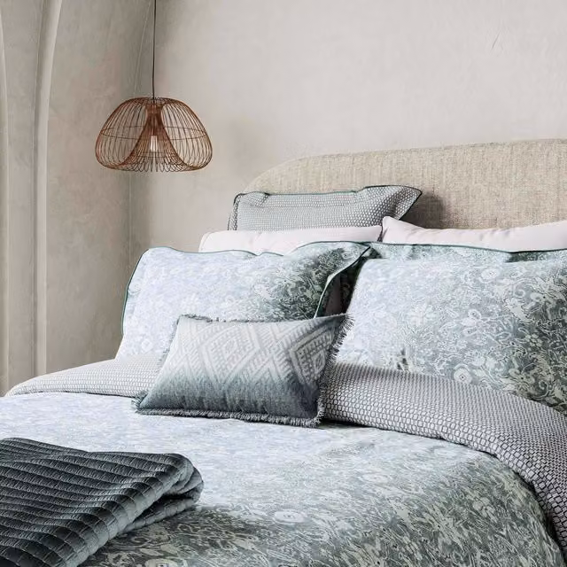 Bedeck of Belfast Saja Reversible Mako Satin Cotton Duvet Cover and Pillowcase Set, Blue, W: 200 cm x L: 220 cm