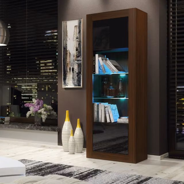 Creative Furniture Illume Modern Display Cabinet in Walnut and Black with Glass Doors and LED Lighting, H 170 x W 63 x D 35 cm