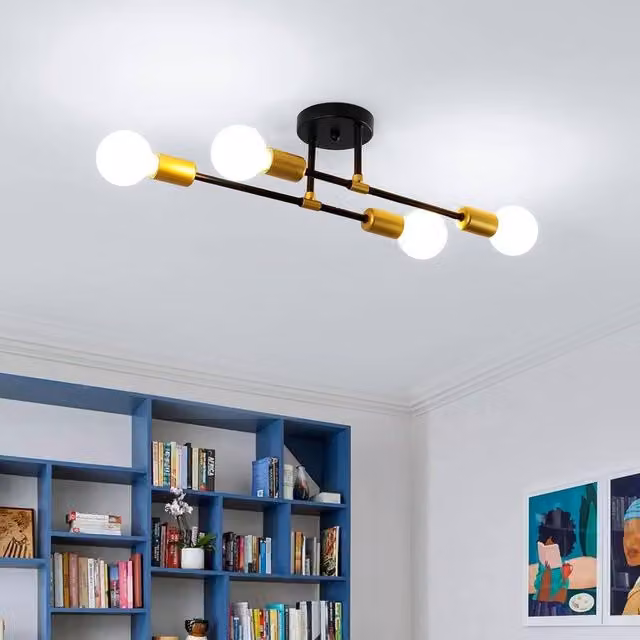 Goeco Industrial 4-Light Vintage Ceiling Chandelier in Black and Gold/Brass with E27 Sockets