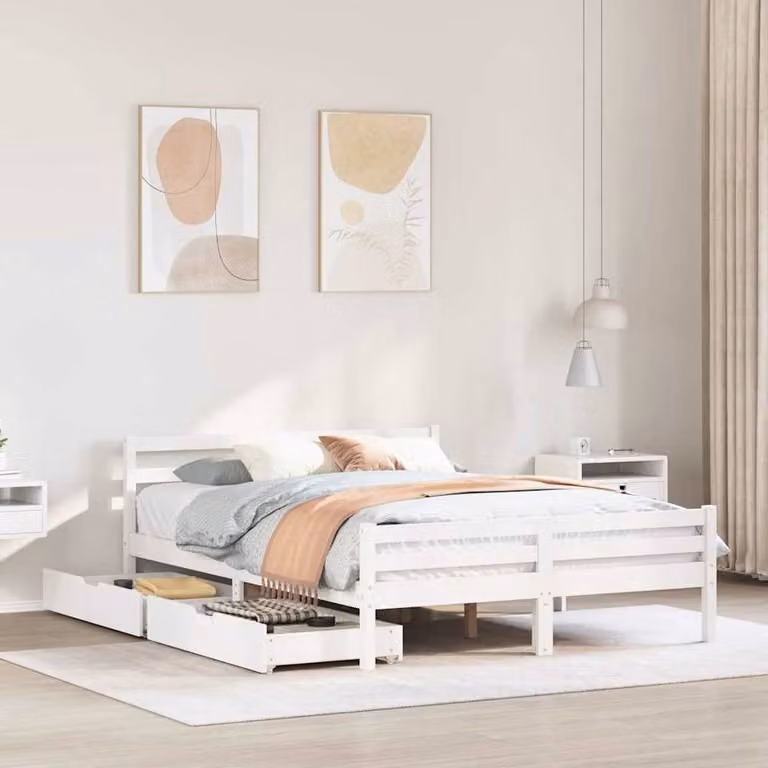 Berkfield Home White Solid Wood Pine Bed Frame W/D/H: 140 x 200 cm