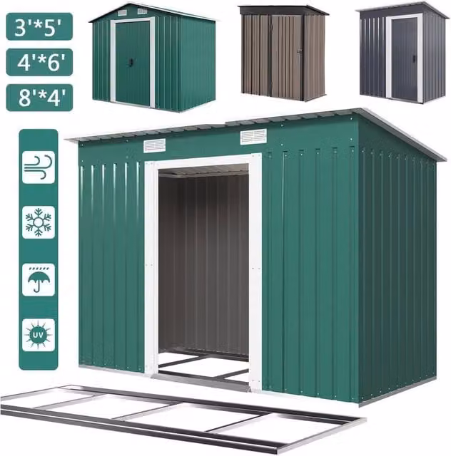 NESTLUNE Green Metal Garden Storage Shed with Double Doors and Foundation, W/D/H: 100 x 60 x 100 cm