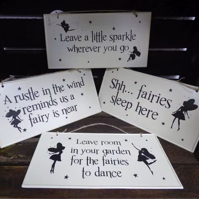 Set of 4 Beige Metal Fairy Wall Plaques with Shabby Chic Typography