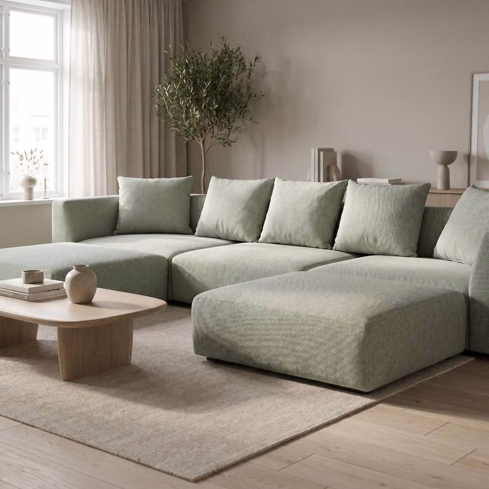 Abakus Direct Tokyo U-Shape Modular Sofa in Green and Beige Bamboo Basket Weave Fabric – 2