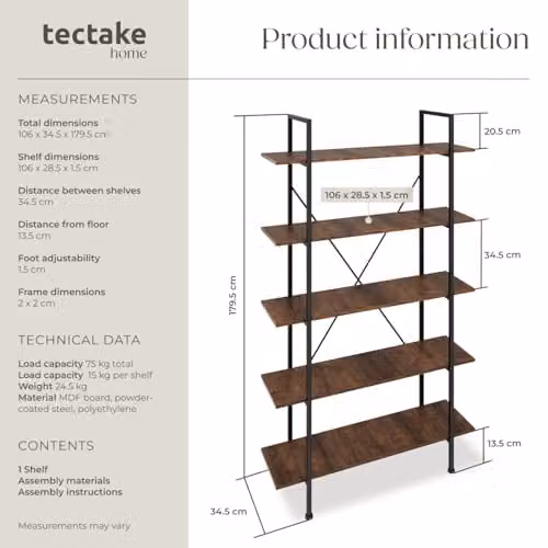 tectake Glasgow Ladder Shelf with 5 Adjustable Shelves in Brown – 3