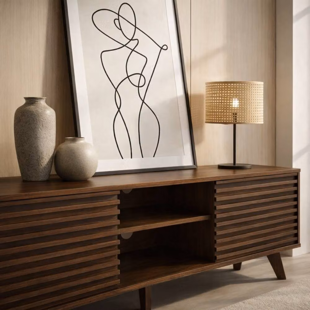 CALICOSY Modern TV Unit with Sliding Doors and Grooved Wood-Effect Fronts in Brown, W: 135 cm, D: 39 cm, H: 51.5 cm – 3
