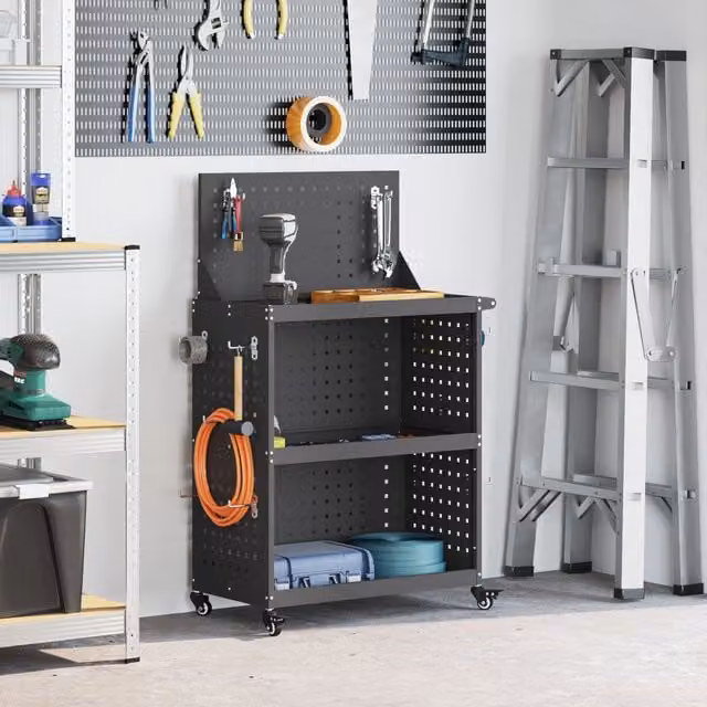 Berkfield Lockable and Rollable Tool Trolley in Black Powder-coated Steel, W/D/H: 65 x 35 x 111 cm