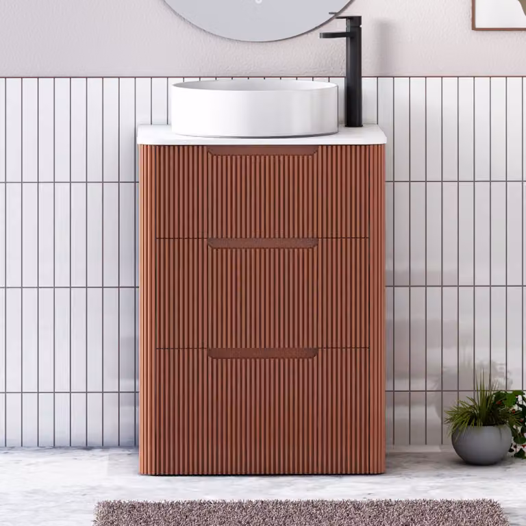 Royal Bathrooms Avenza 600mm Terracotta Clay Floor Standing 3 Drawer Vanity Unit with Plain White Worktop and Art Round Basin
