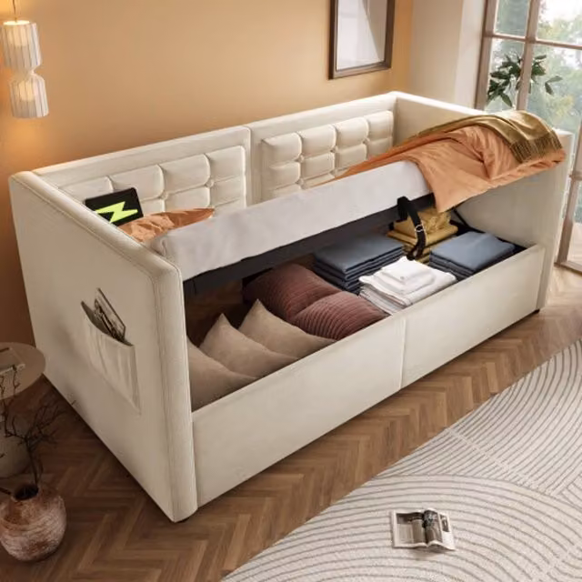 Matteo 3FT Single Sofa Bed in Beige with USB Charging Port and Lift Up Base – 1