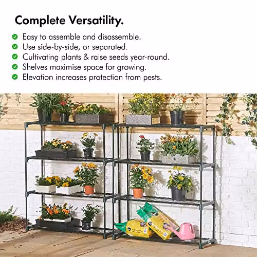 VonHaus 4 Tier Steel Greenhouse Shelving Staging Unit, Pack of 2, Black and Green, H 107.5 cm x W 90 cm x D 30.5 cm – 4