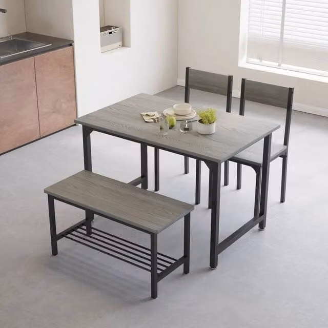 VOGREX Grey 4-Piece Dining Set with Rectangular MDF Table, Bench and Chairs