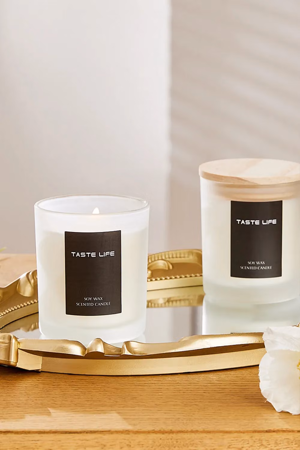 SHEONLY Lychee Scented Soy Wax Candle in a White Frosted Glass Jar with Wooden Lid – 2