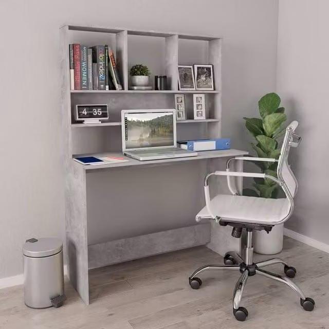 Berkfield Home Computer Desk with Shelf in Concrete Grey, W/D/H: 110 x 45 x 157 cm