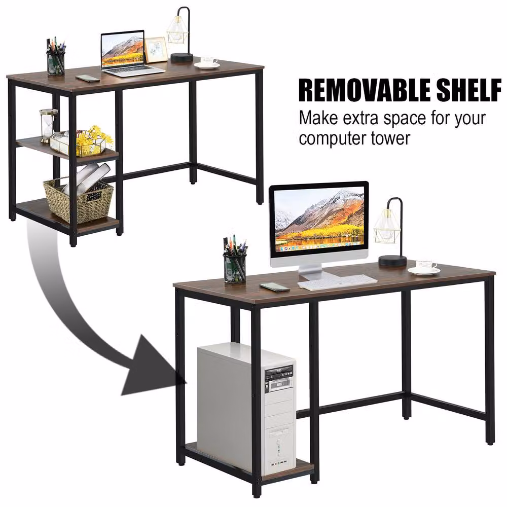 Costway Industrial Computer Desk with Storage Shelves in Brown, W: 120 cm, D: 60 cm – 4