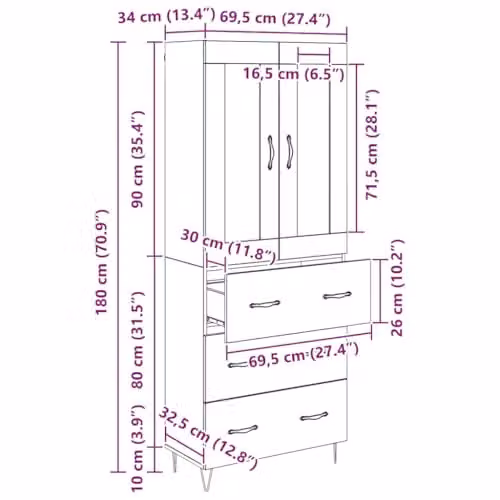 vidaXL Modern Highboard in Brown Old Wood with Hinged Doors and Internal Shelves, W/D/H: 69.5 x 34 x 90 cm – 3