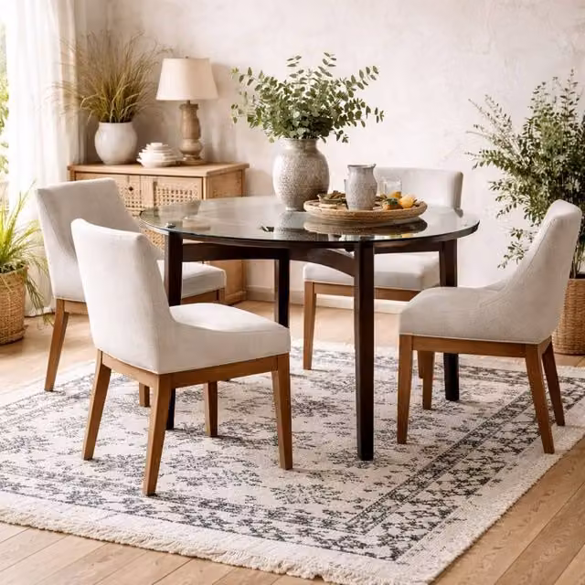 Wyld Haus Edenderry Square Dining Table with Transparent Glass Top and Brown Wood Base, 4 Seater – 1
