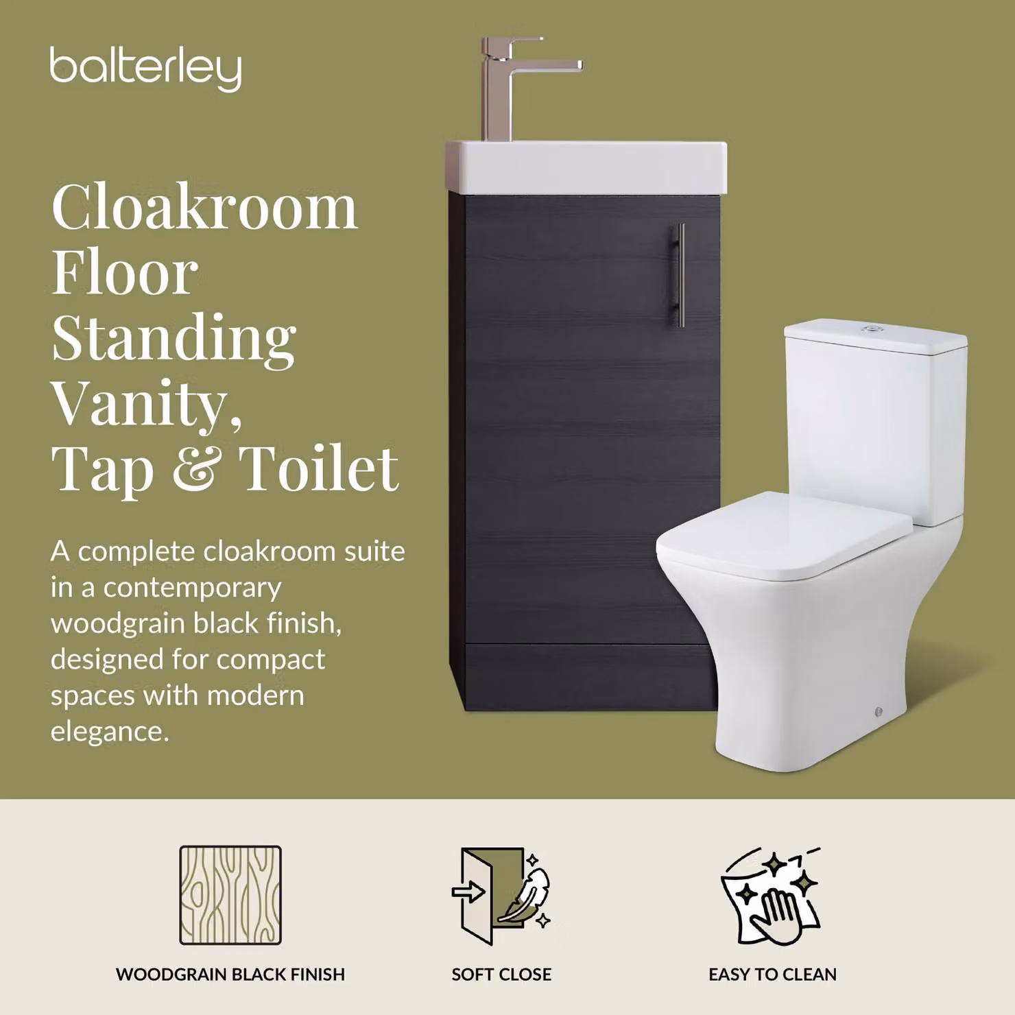 Balterley Modern Straight Floor Standing Cloakroom Vanity Unit with Soft Close Hinged Doors in Matt Black – 2