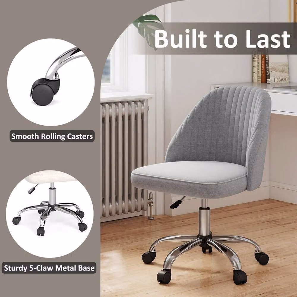 VOGREX Modern Armless Swivel Task Chair in Grey Fabric with Metal Frame and Castors – 4