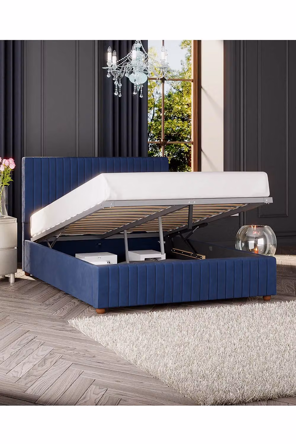 Laurence Llewelyn-Bowen Estella Ottoman Storage Bed in Navy Blue Plush Velvet Fabric, W/D/H: 180 x 200 cm – 3
