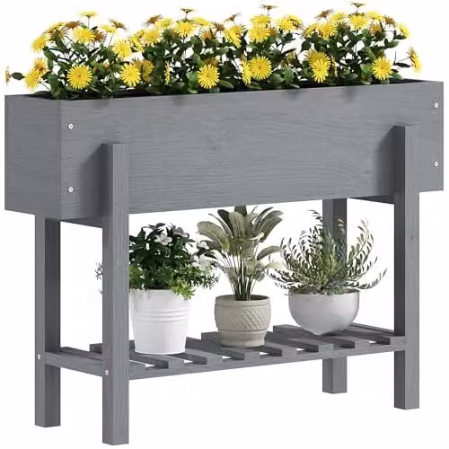 Outsunny Wooden Raised Garden Bed with Bed Liner and Storage Shelf, Grey, W: 100 cm, D: 30 cm, H: 71 cm – 1