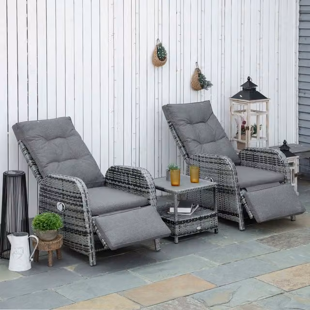 Outsunny 3 Piece Rattan Wicker Chaise Lounge Sofa Set with Upholstered Cushions in Grey