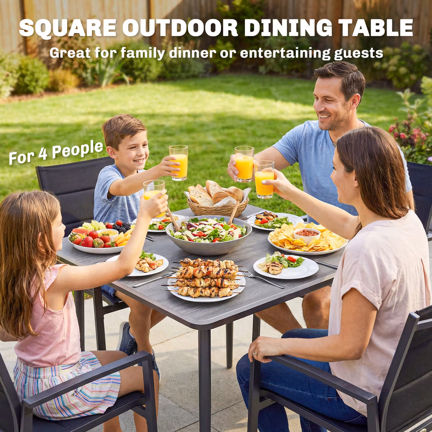 Outsunny Square Garden Dining Table for 4 with Umbrella Hole, Light Grey Faux Wood Top and Metal Legs, W: 85 cm x D: 85 cm x H: 75 cm – 4