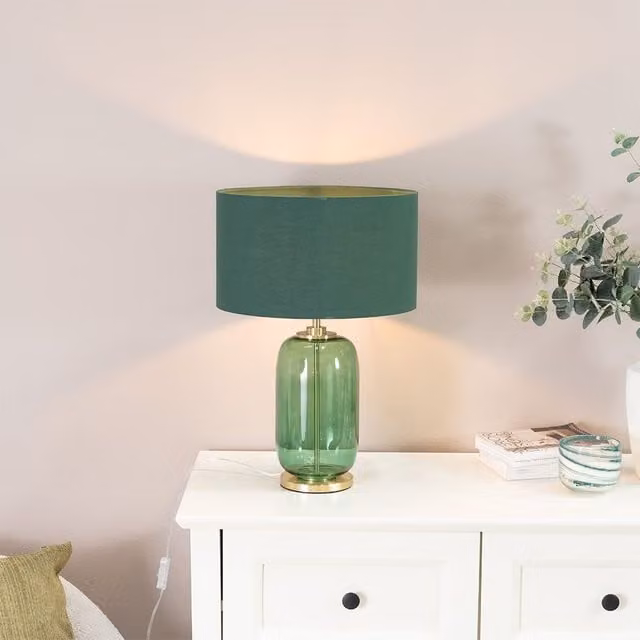 ValueLights Leigh Table Lamp with Forest Green Glass, Gold Trim and Fabric Drum Shade in Bottle Green