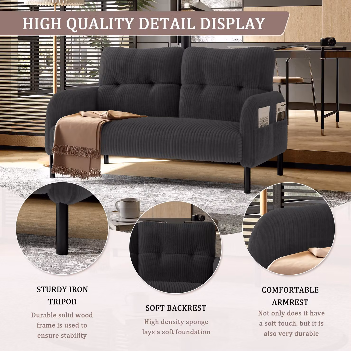 Aosom UK Modern Two-Seater Corduroy Sofa in Grey, W/D/H: 120 x 65 x 79 cm – 4