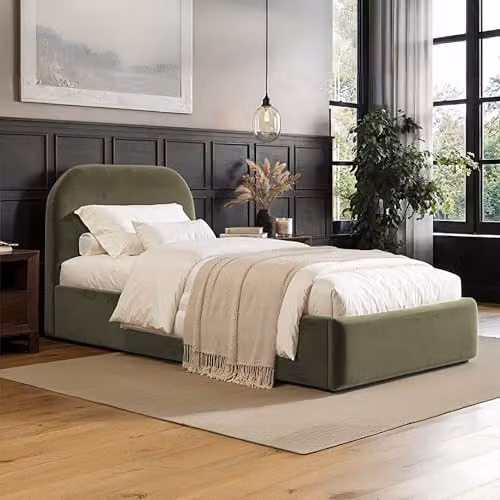 Flair Furnishings Alba Single Ottoman Bed Frame with Storage and Curved Headboard in Khaki Velvet, W/D/H: 90 x 190 cm