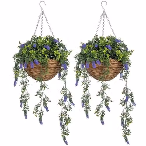 HOMCOM Set of 2 Artificial Purple Lavender Hanging Baskets with Silk Flowers – 1