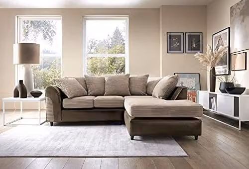 Abakus Direct Harvey Right Facing L-Shape Corner Sofa in Brown and Beige Jumbo Cord Fabric