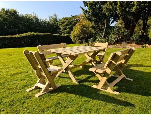 Churnet Valley Garden Furniture Ltd Ashcome Ash Wood Garden Table Set in Brown with 2 Benches, 4 Chairs and Cushions – 1