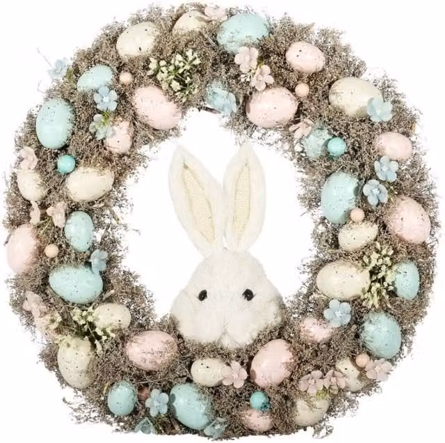 KDMD Easter Wreath with Pastel Eggs and White Rabbit, Multicolour, Diameter: 43 cm