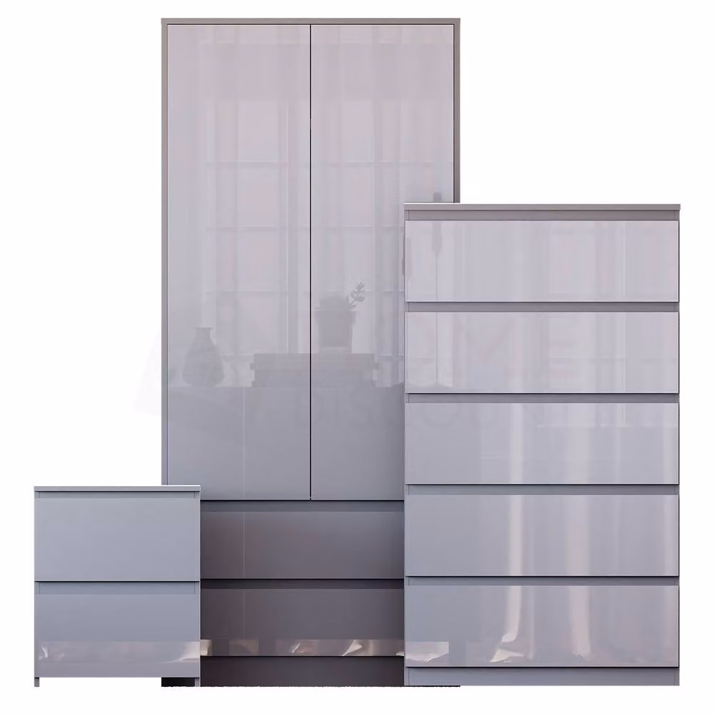 Vida Designs Glinton 3 Piece Grey Glossy Bedroom Set Including Wardrobe, 5 Drawer Chest and 2 Bedside Tables – 2