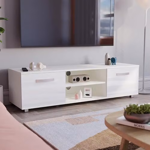 Vida Designs Cosmo 2 Door Modern Gloss Matte MDF TV Unit in White, W: 140 cm, D: 40 cm, H: 38 cm – 1