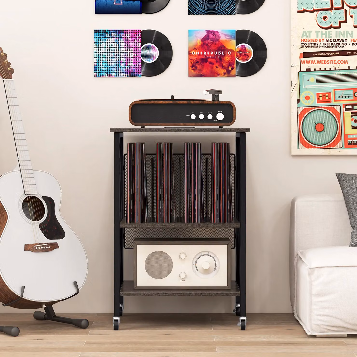 Costway Grey Record Player and Turntable Stand with Divider and Lockable Castors – 3