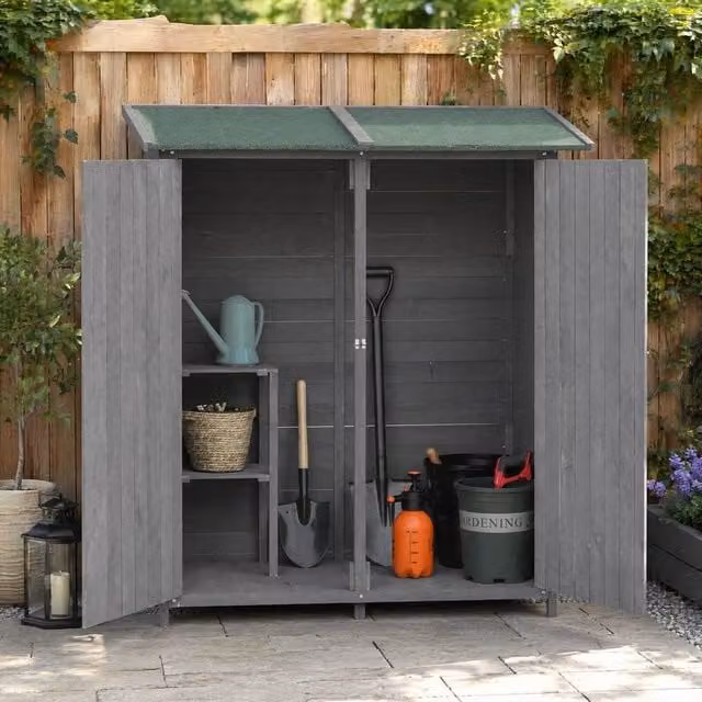 STILVORA Grey Pent Garden Shed with Shelving and Removable Table, W/D/H: 139.0 x 124.5 x 160.0 cm – 1
