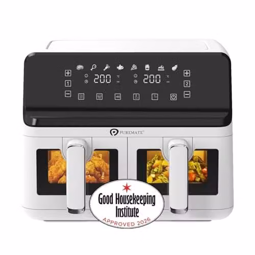 PureMate 9L Dual Basket Air Fryer in White with Digital Display and 2500W Power – 1