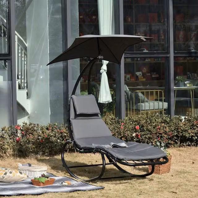 Outsunny Modern Patio Rocking Chaise Lounge Bed with Sun Canopy in Dark Grey