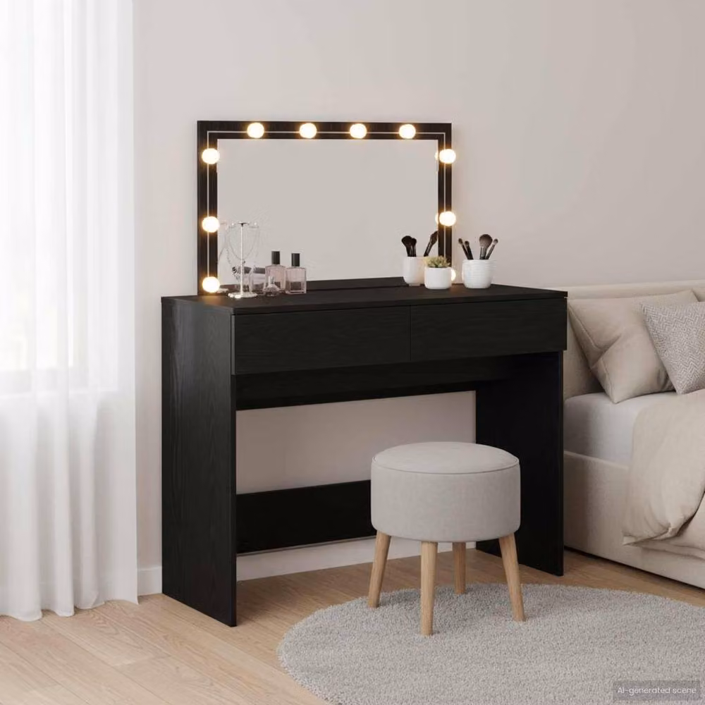 Berkfield Home Modern Black Oak Dressing Table with Hollywood LED Mirror W/D/H: 100 x 40 x 120 cm – 2