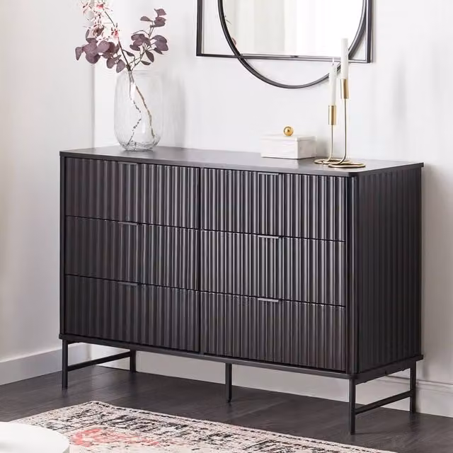 Wyld and Coco 6-Drawer Black Fluted Chest with Metal Legs – 1
