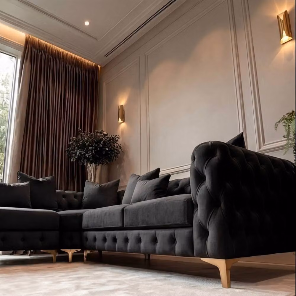 Sofaya Monaco 5 Seater Chesterfield Corner Sofa in Black Velvet with Left Facing Chaise, W: 220 cm, D: 70 cm – 4