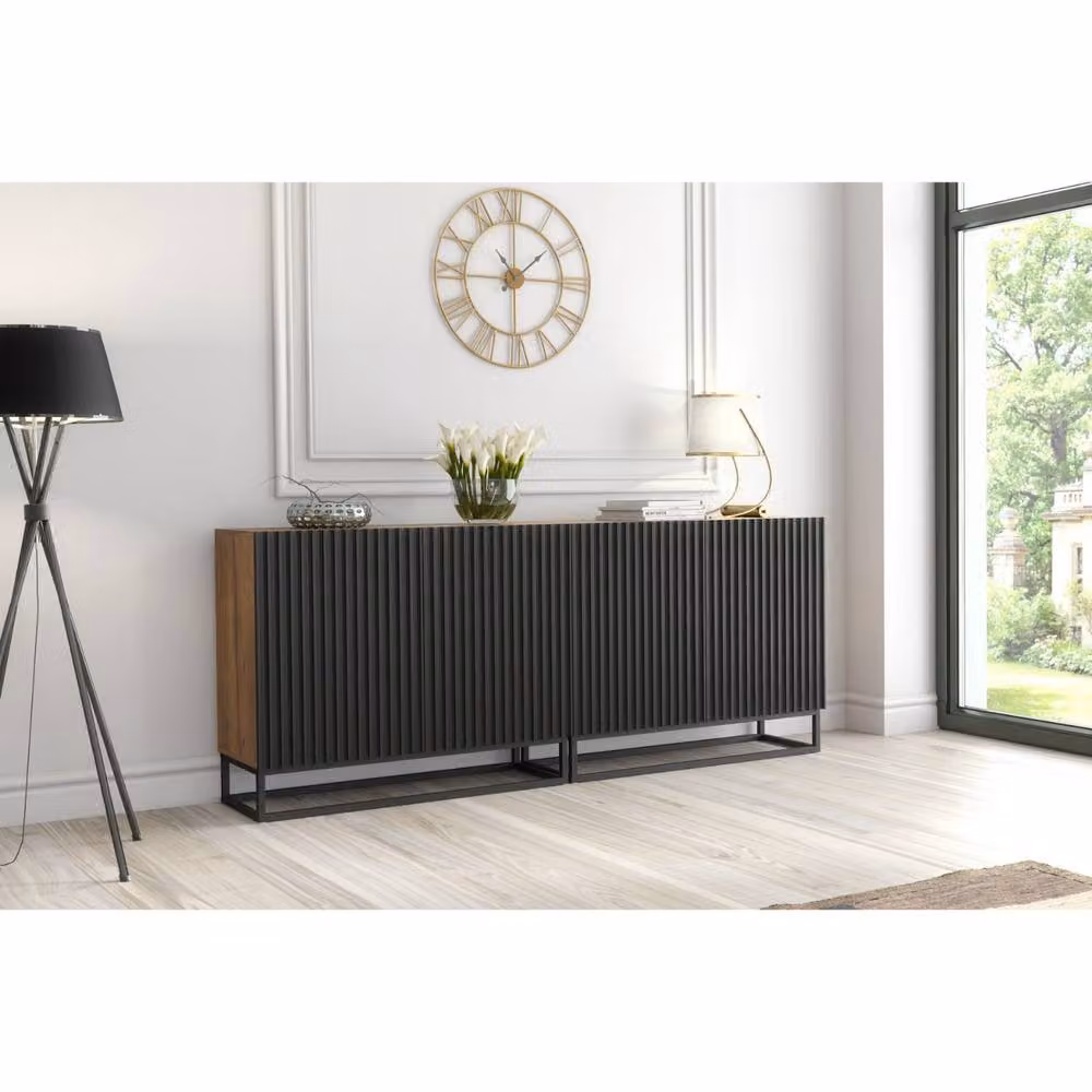 Mex Furniture LTD Ripple Duo Sideboard in Dark Brown with Oak and Black Fluted Doors, W: 200 cm, H: 80 cm, D: 35 cm – 3