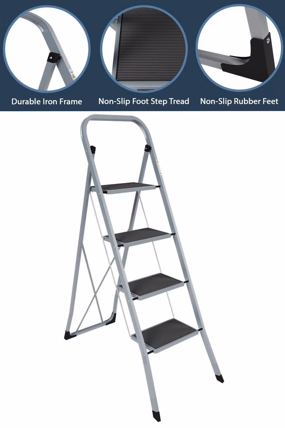 HD Designs 4 Step Folding Step Ladder with Anti-Slip Mat in Grey – 3