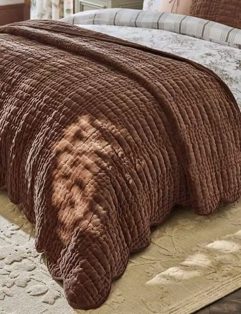 Laura Ashley Brown Velvet Quilted Scalloped Bedspread