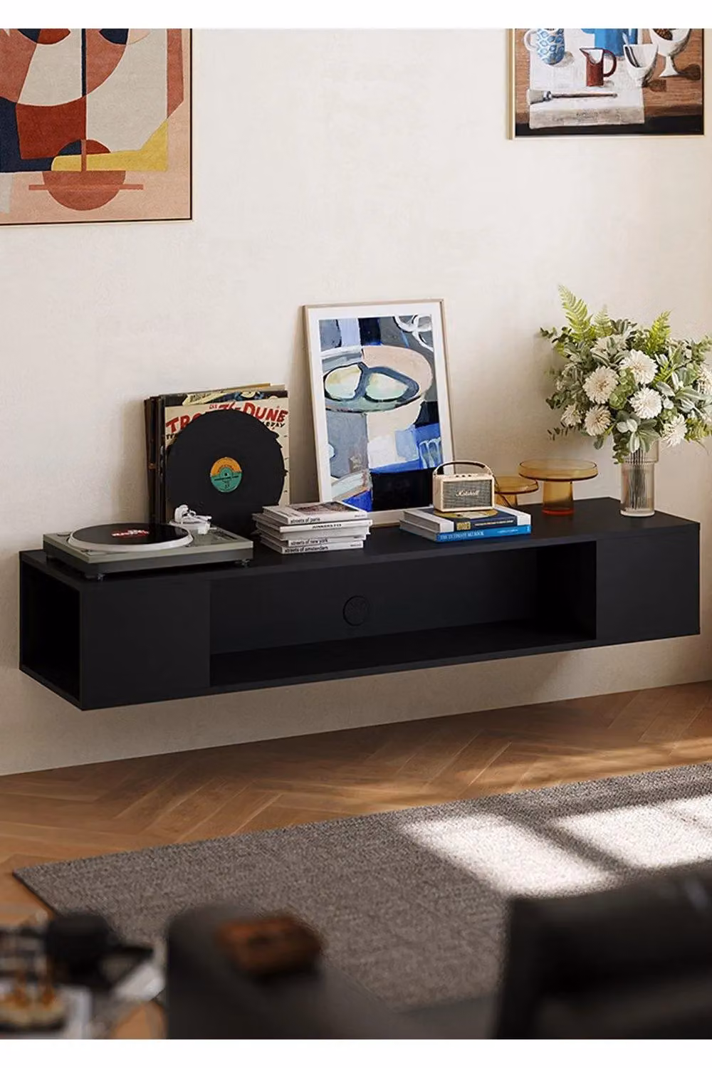 H&O Direct Modern Wall Mounted Floating TV Stand and Storage Cabinet in Matt Black – 3