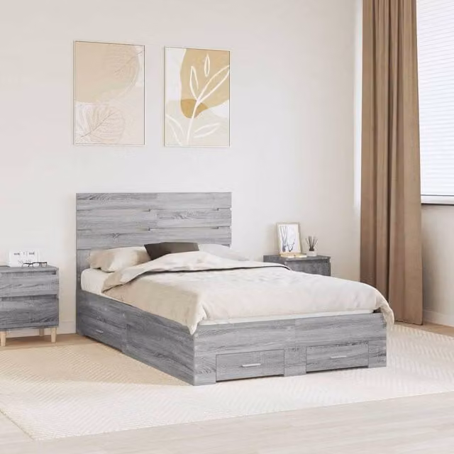 Berkfield Home Modern Bed Frame with Drawers in Grey Sonoma, Engineered Wood, W: 135 cm, L: 190 cm